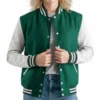 Kelly Green Wool Varsity Jacket with White Leather Sleeves
