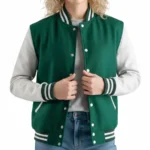 Women’s Kelly Green Wool / White Leather Varsity Jacket