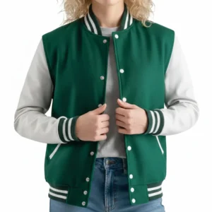 Kelly Green Wool Varsity Jacket with White Leather Sleeves