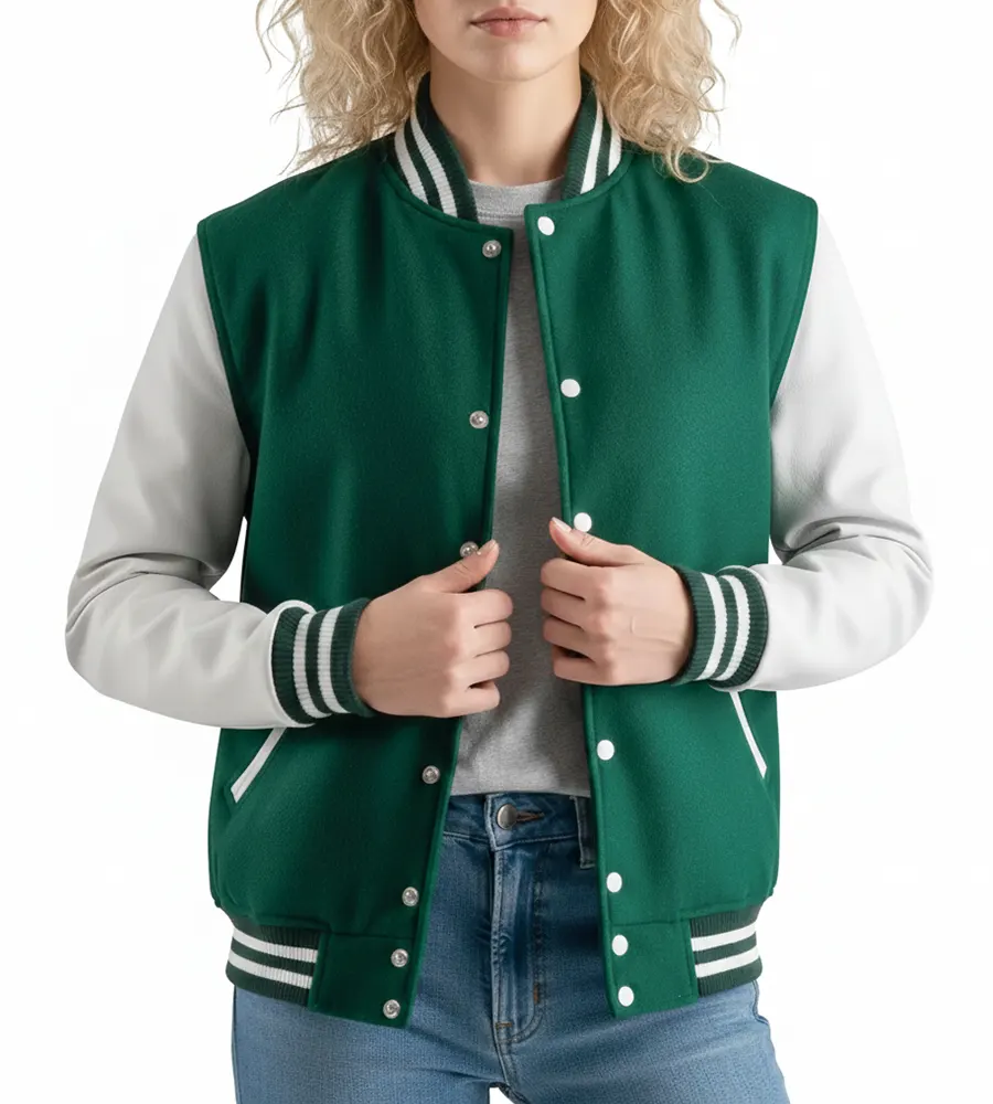 Kelly Green Wool Varsity Jacket with White Leather Sleeves