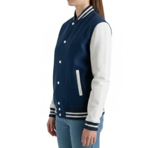Women's Navy Wool Varsity Jacket with Leather Sleeves