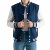 Navy Wool Letterman Jacket with White Leather Sleeves for Women