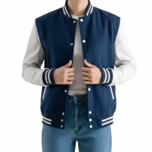 Navy Wool Letterman Jacket with White Leather Sleeves for Women