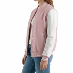 Pink White Varsity Jacket Front View for Women