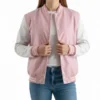 Pink Wool Varsity Jacket with White Leather Sleeves for Women