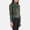 Green Leather Motorcycle Jacket Featuring Textured Quilted Panels