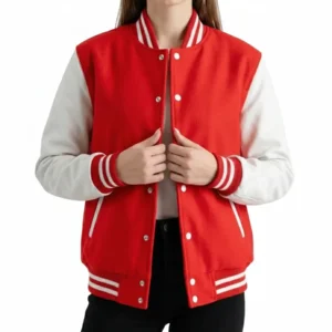 Women’s Red Wool / White Leather Varsity Jacket for stylish casual wear