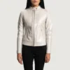 Silver Leather Motorcycle Jacket Featuring Detailed Quilted Texture