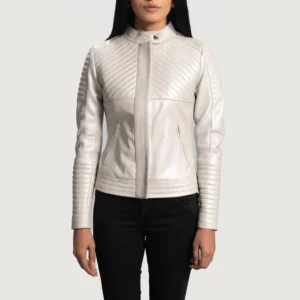 Silver Leather Motorcycle Jacket Featuring Detailed Quilted Texture