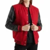 Women’s Red Wool / Black Leather Varsity Jacket for stylish casual wear