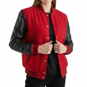 Women’s Red Wool / Black Leather Varsity Jacket for stylish casual wear
