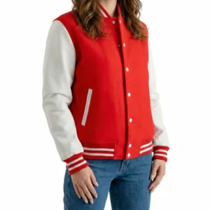 Women’s Red Wool / White Leather Varsity Jacket with classic varsity design