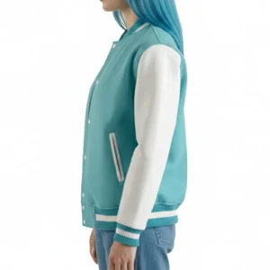 Women’s Teal Aqua Wool / White Leather Varsity Jacket with classic letterman design