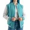 Women’s Teal Aqua Wool / White Leather Varsity Jacket for stylish casual wear