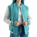 Women’s Teal Aqua Wool / White Leather Varsity Jacket