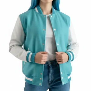 Women’s Teal Aqua Wool / White Leather Varsity Jacket for stylish casual wear