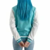 Women’s Teal Aqua Wool / White Leather Varsity Jacket with premium leather sleeves