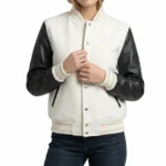 Women’s White Wool / Black Leather Varsity Jacket