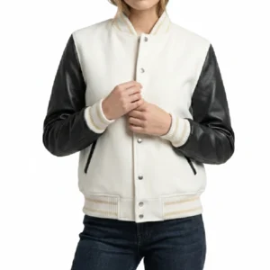 Women’s White Wool / Black Leather Varsity Jacket for stylish casual wear