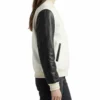 Women’s White Wool / Black Leather Varsity Jacket with classic letterman design