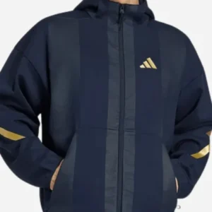 navy blue track jacket with gold stripe detail sporty design