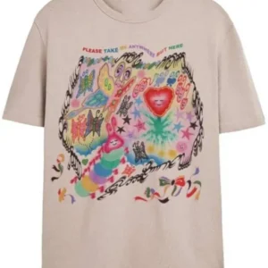 taupe graphic tee with please take me anywhere but here bold statement print