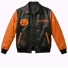 Black and Orange Pumpkin Patch Leather Jacket front view