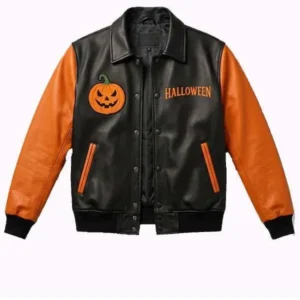 Black and Orange Pumpkin Patch Leather Jacket front view