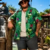 green alien floral print hawaiian shirt with tropical pattern