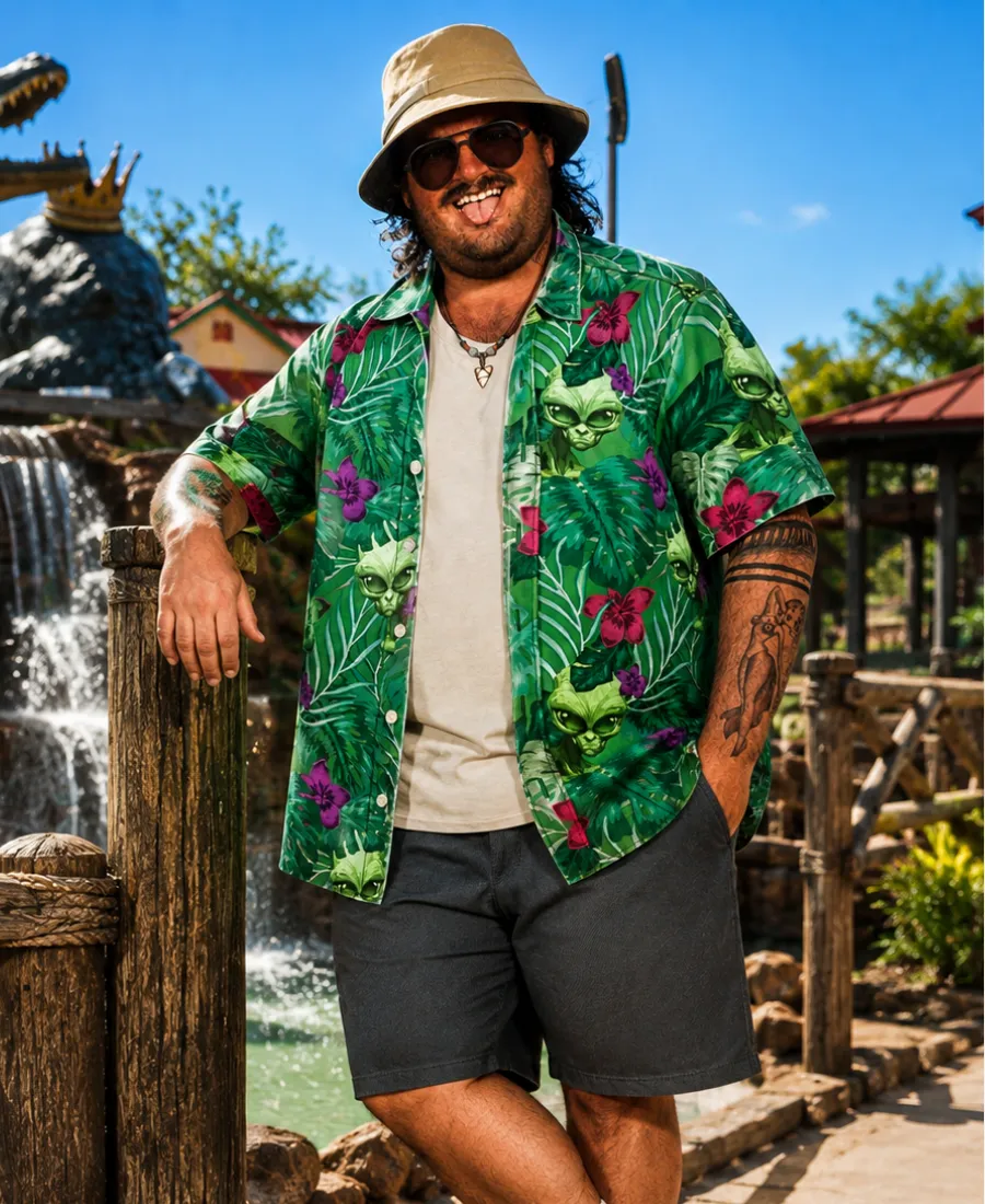 green alien floral print hawaiian shirt with tropical pattern