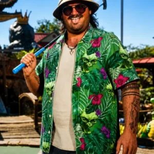 green alien floral print hawaiian shirt with tropical pattern
