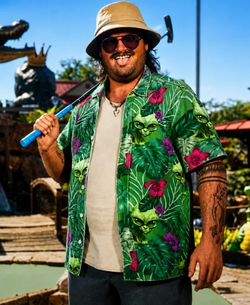 green alien floral print hawaiian shirt with tropical pattern