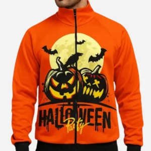 Orange Halloween Party Bomber Jacket featuring a vibrant orange finish, festive Halloween-inspired design, and classic bomber silhouette.
