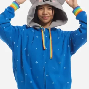 blue zip up hoodie with rainbow star cat graphic print
