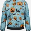Pumpkins Halloween Blue Bomber Jacket showcasing festive pumpkin detailing, sleek bomber construction, and eye-catching spooky-season fashion styling.