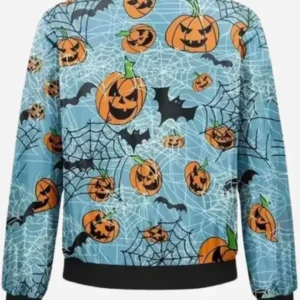 Pumpkins Halloween Blue Bomber Jacket showcasing festive pumpkin detailing, sleek bomber construction, and eye-catching spooky-season fashion styling.