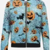 Pumpkins Halloween Blue Bomber Jacket featuring a vibrant blue finish, pumpkin-inspired details, and classic bomber jacket silhouette.