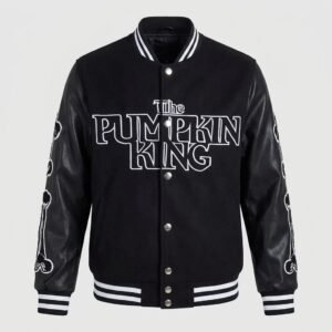 The Pumpkin King Black Varsity Jacket with Halloween Graphics