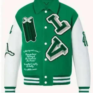 Green Varsity Jacket front view with classic collegiate style