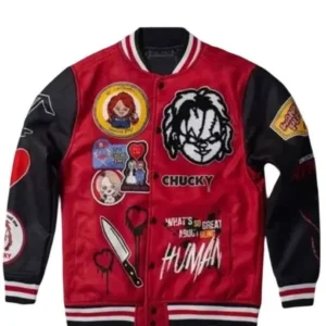 Chucky No More Mr. Good Guy Varsity Jacket front view