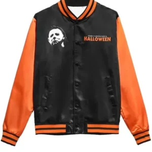 Michael Myers Halloween Black and Orange Varsity Jacket front view