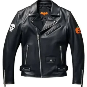 Halloween Patches Black Leather Jacket front view