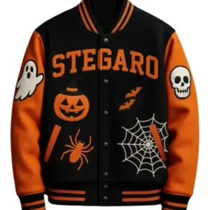 Halloween Pumpkin Varsity Jacket front view